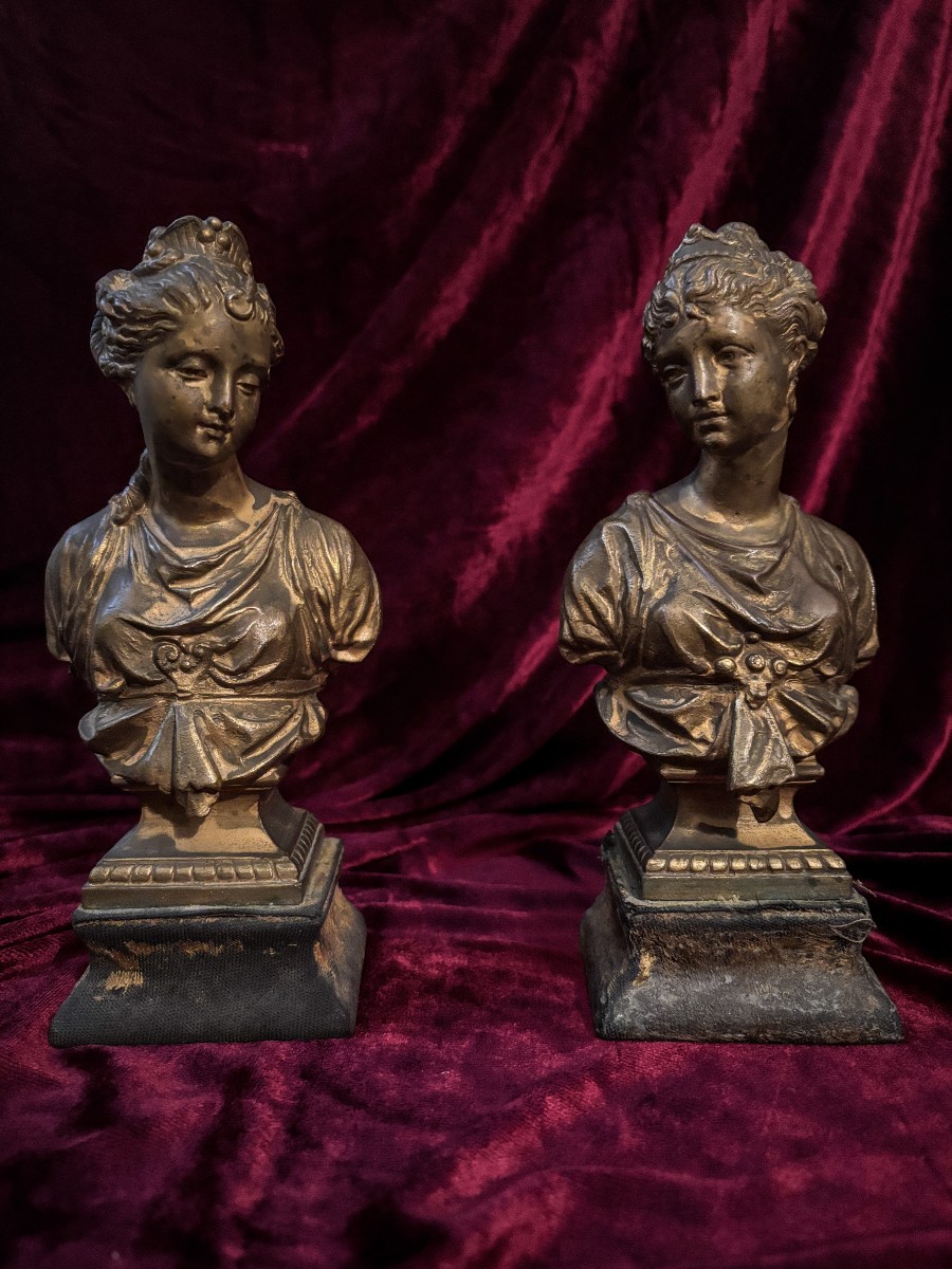 Pair Of Diana Busts In Patinated Regula - Late 19th Century.-photo-1