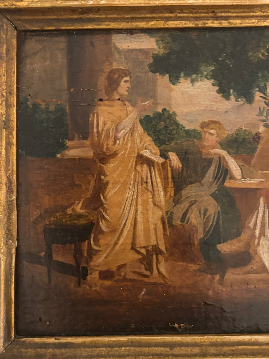 Oil On Panel In The Antique Style - Late 19th Century.-photo-3