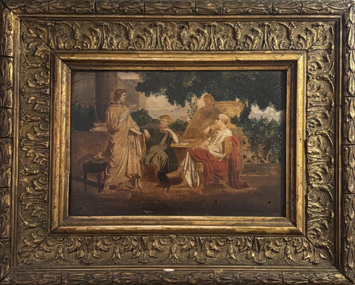 Oil On Panel In The Antique Style - Late 19th Century.