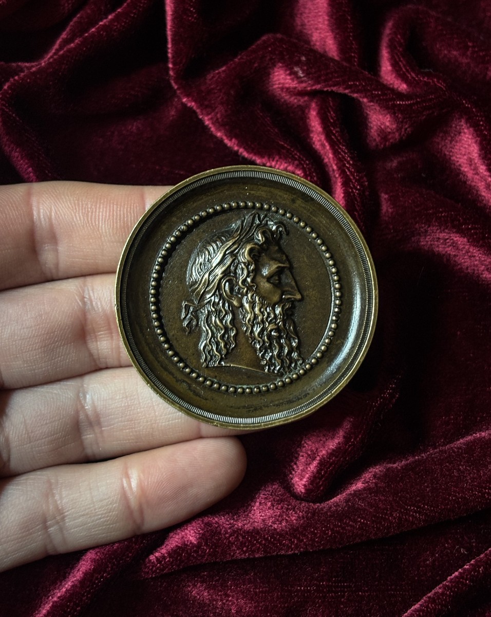Médaillon en bronze à patine brune - buste d'homme à l'Antique, XIXe siècle-photo-1