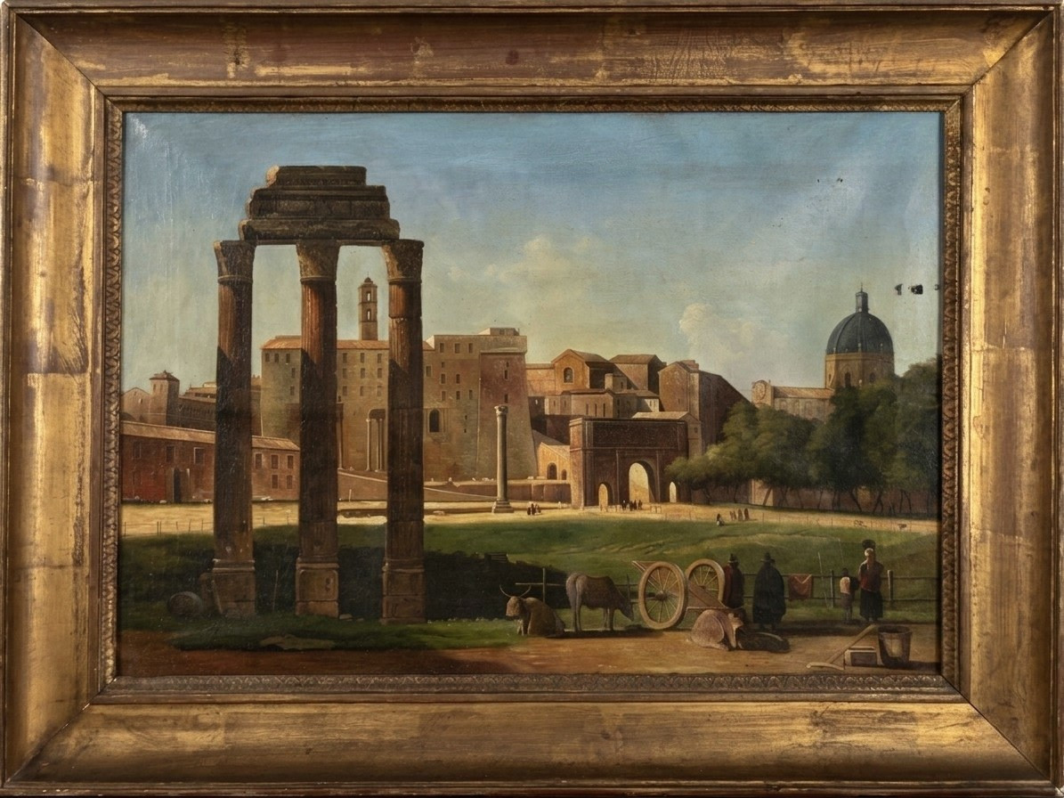 Framed Oil On Canvas - Ruins Of The Forum In Rome, 19th Century
