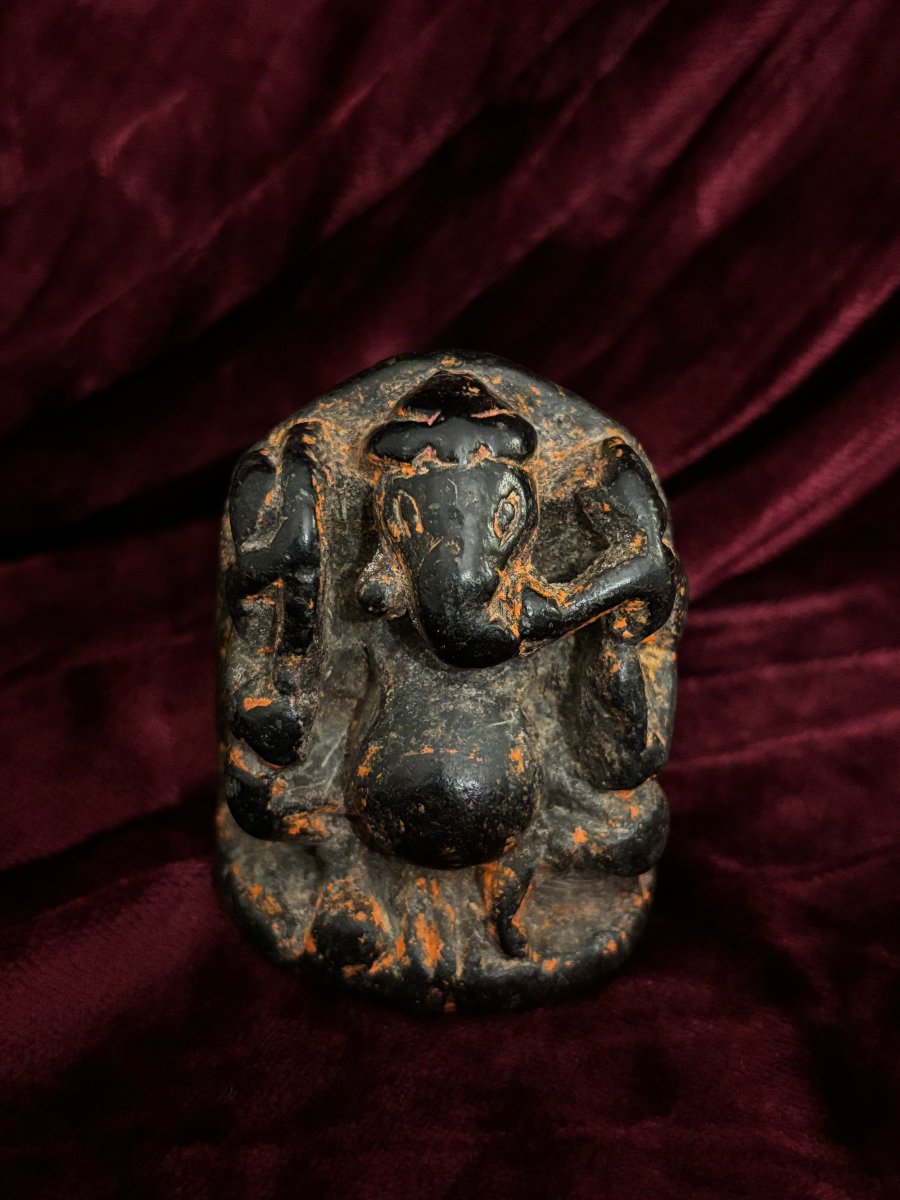 Carved Black Stone Statue Of Ganesha, India, 17th Century
