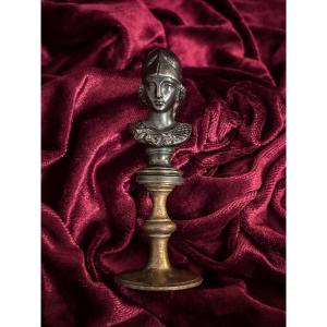 Small Bronze Bust Of Athena With A Brown Patina On A Gilt Bronze Base, 19th Century