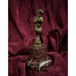 Gilt Bronze Statuette Of A Musical Faun On A Marble Base, 19th Century