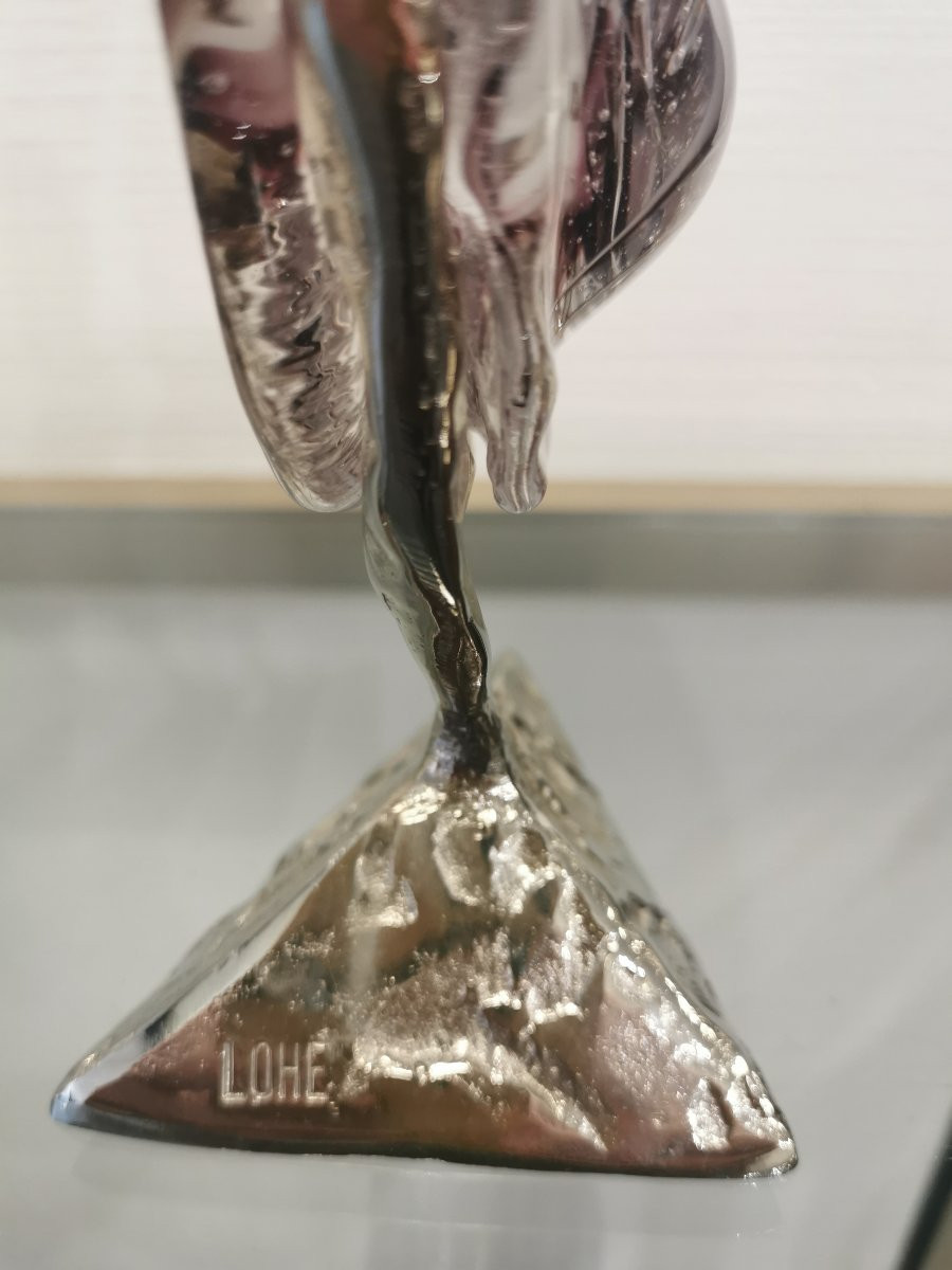 Sculpture Oiseau en bronze argenté et verre soufllé signée Lohé-photo-4