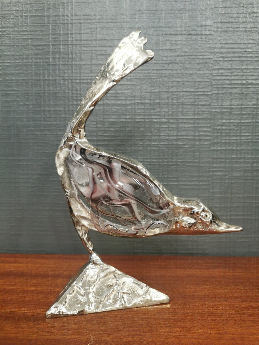 Sculpture Oiseau en bronze argenté et verre soufllé signée Lohé-photo-1