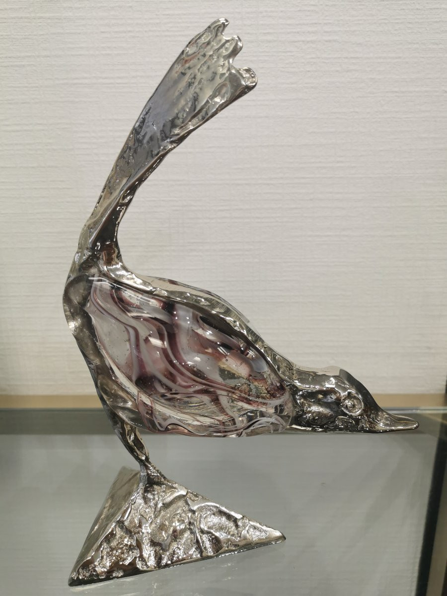 Sculpture Oiseau en bronze argenté et verre soufllé signée Lohé-photo-2