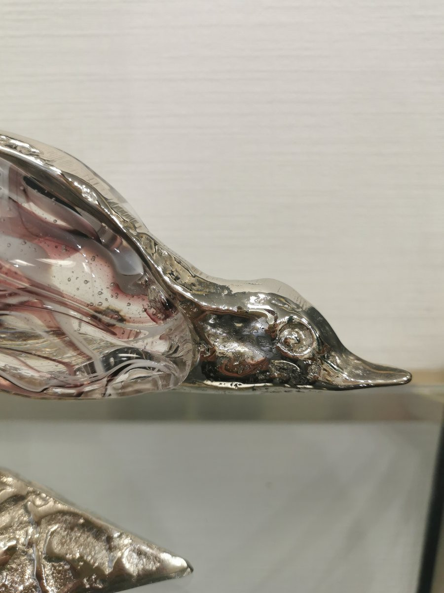 Sculpture Oiseau en bronze argenté et verre soufllé signée Lohé-photo-3