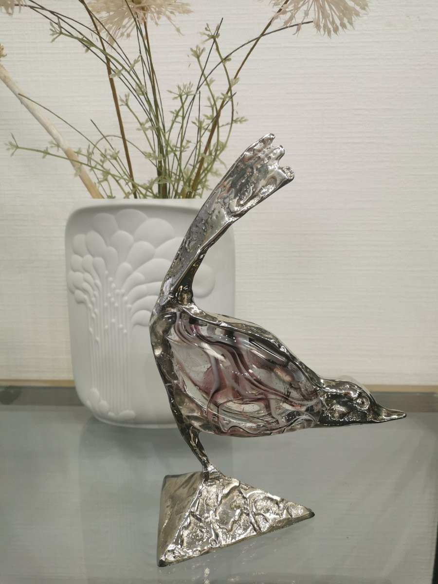 Sculpture Oiseau en bronze argenté et verre soufllé signée Lohé-photo-6