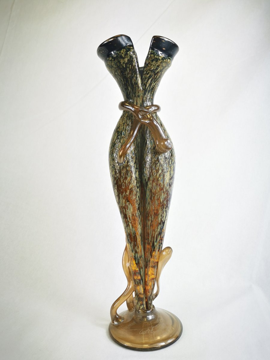Vase En Verre Soufflé Marmoréen,  Signé Castel -photo-2