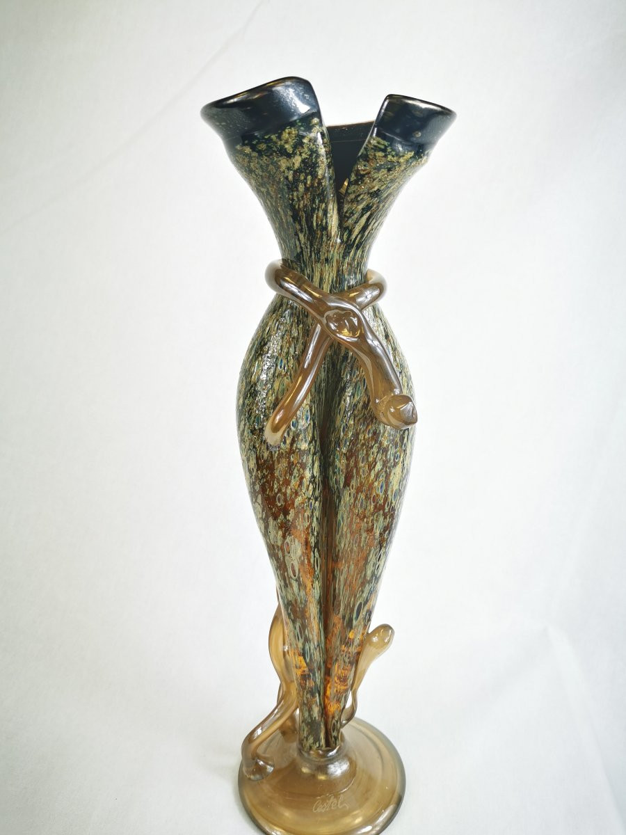 Vase En Verre Soufflé Marmoréen,  Signé Castel -photo-2