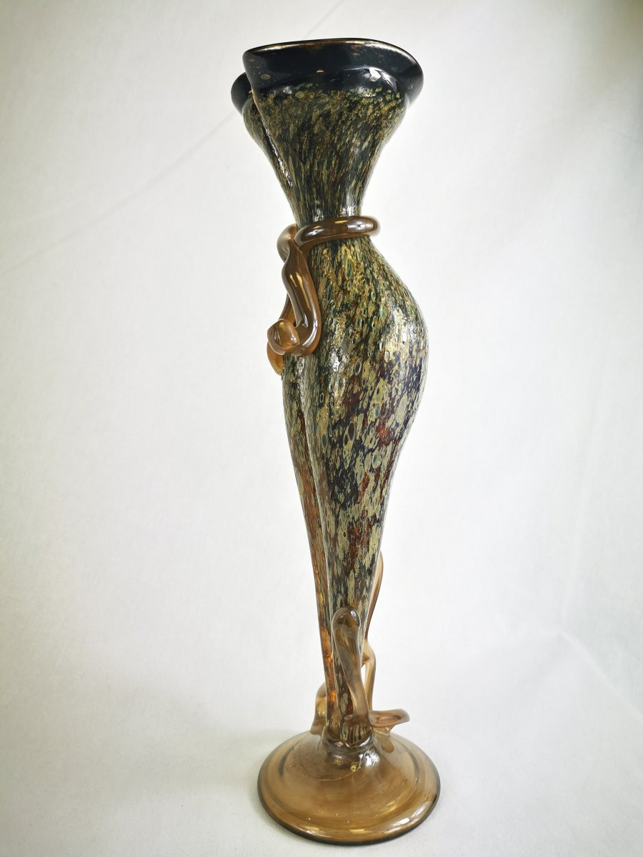 Vase En Verre Soufflé Marmoréen,  Signé Castel -photo-8