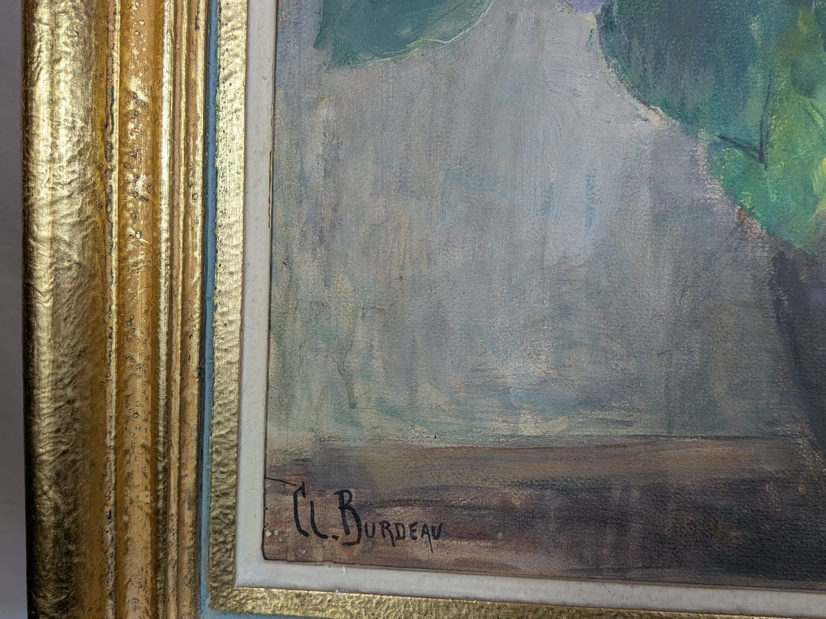 Huile sur panneau Les Hortensias signée Clémence Louise Burdeau-photo-3