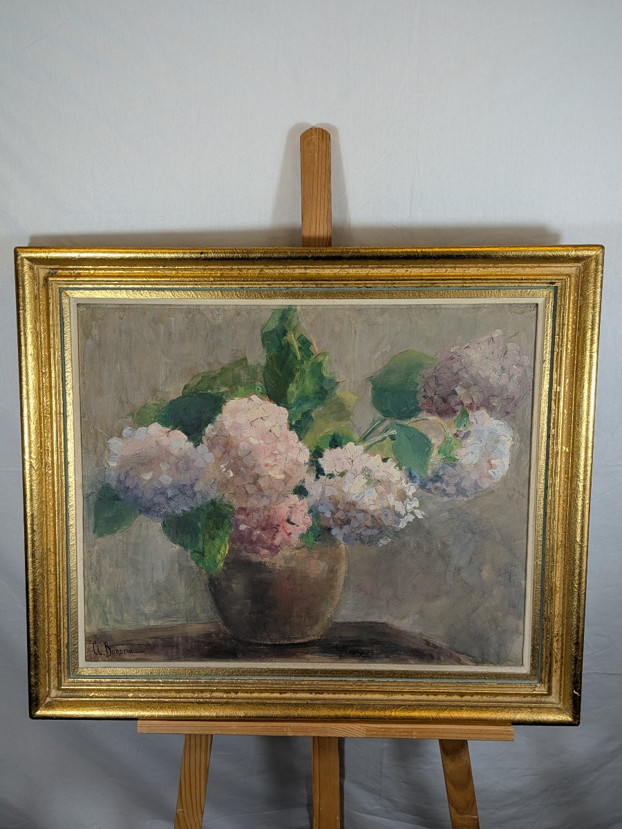 Huile sur panneau Les Hortensias signée Clémence Louise Burdeau-photo-2