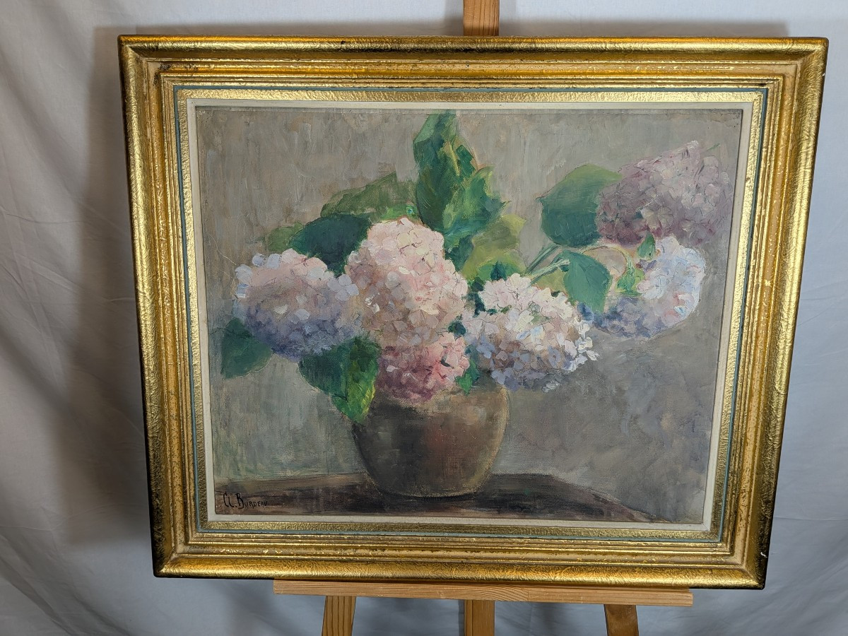 Huile sur panneau Les Hortensias signée Clémence Louise Burdeau