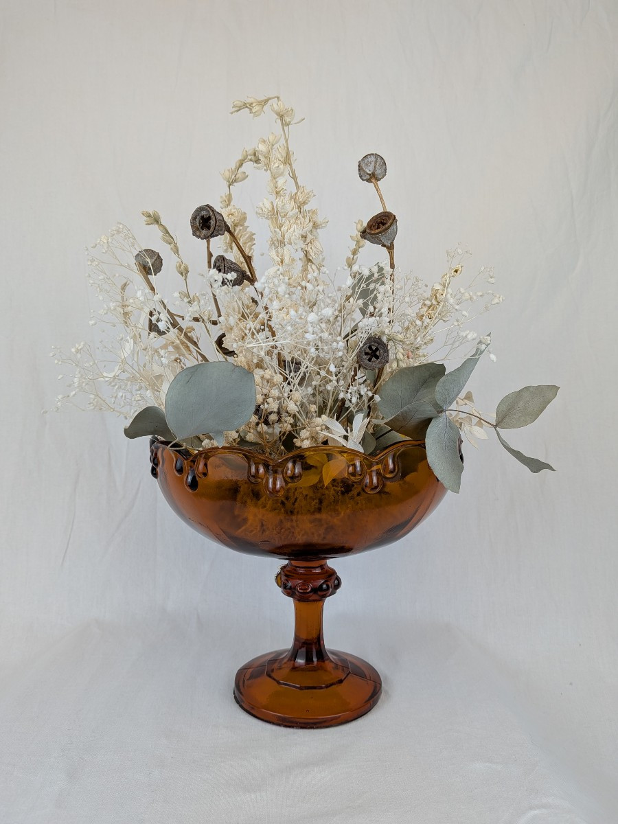 Coupe en verre et arrangement floral Mid Century -photo-2