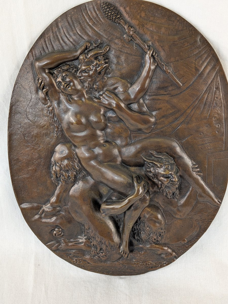 Plaque ovale bas relief en bronze Satyre-photo-4