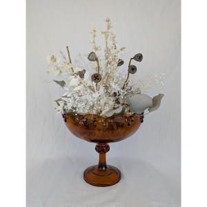 Coupe en verre et arrangement floral Mid Century 