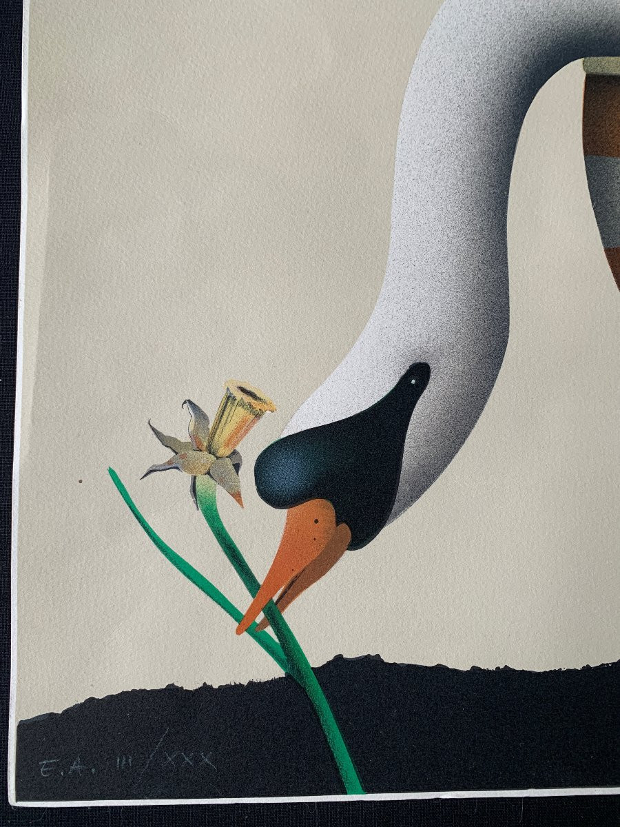 Original Lithograph On Vellum By Jean Paul Donadini, 1980, The Swan, Shell And Daffodil-photo-3