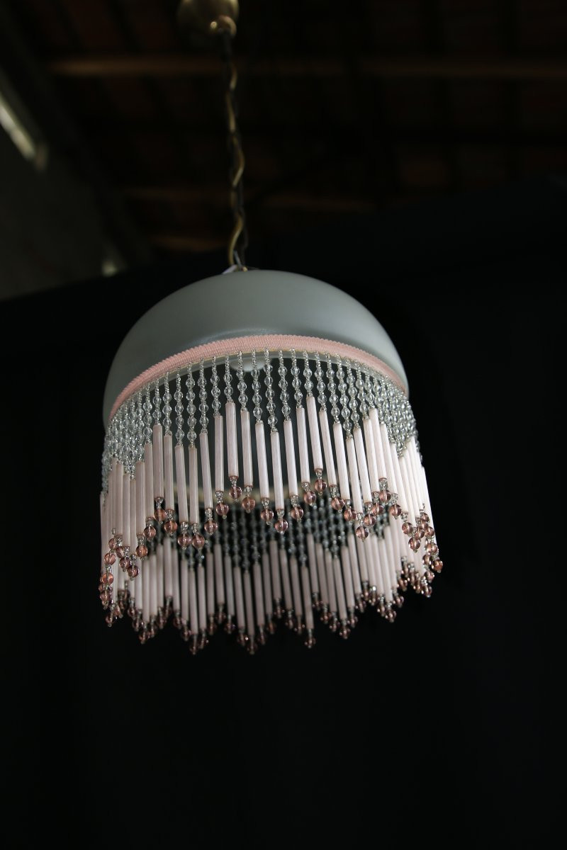 Set Of Three Vintage Chandeliers / Pendant Lights In Brass And Frosted Glass Surrounded By Tassels-photo-2
