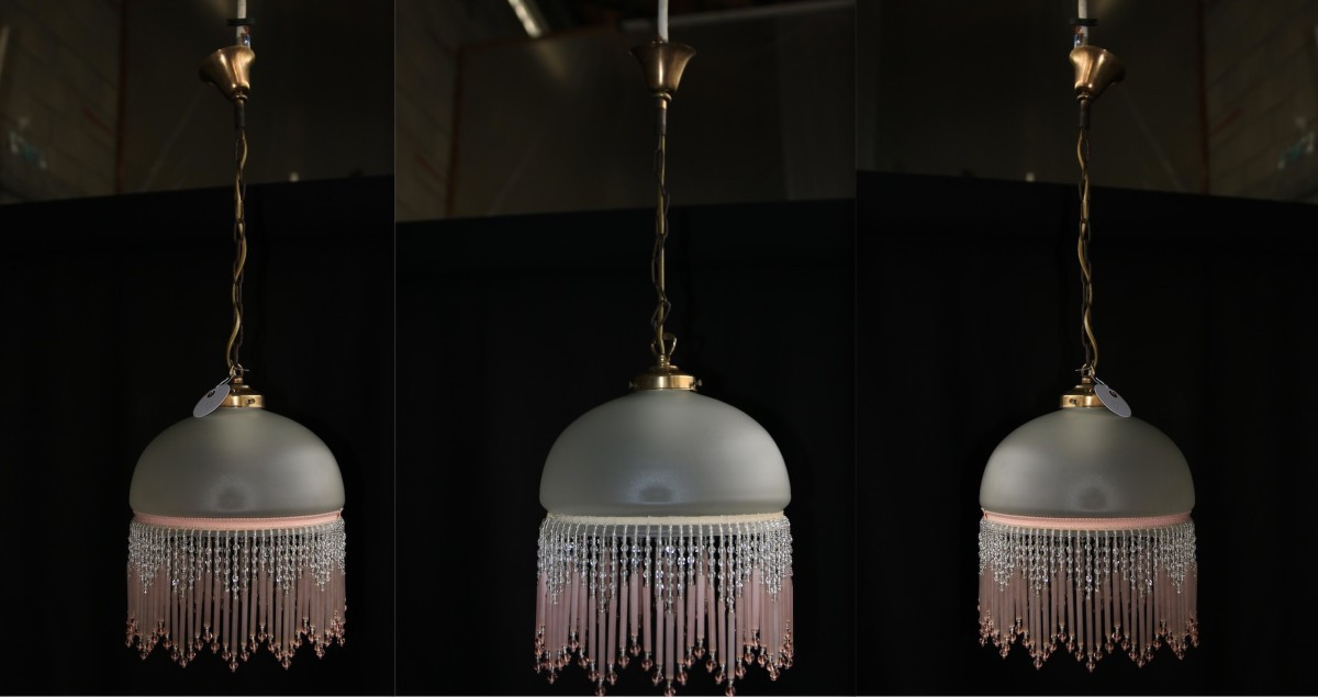 Set Of Three Vintage Chandeliers / Pendant Lights In Brass And Frosted Glass Surrounded By Tassels