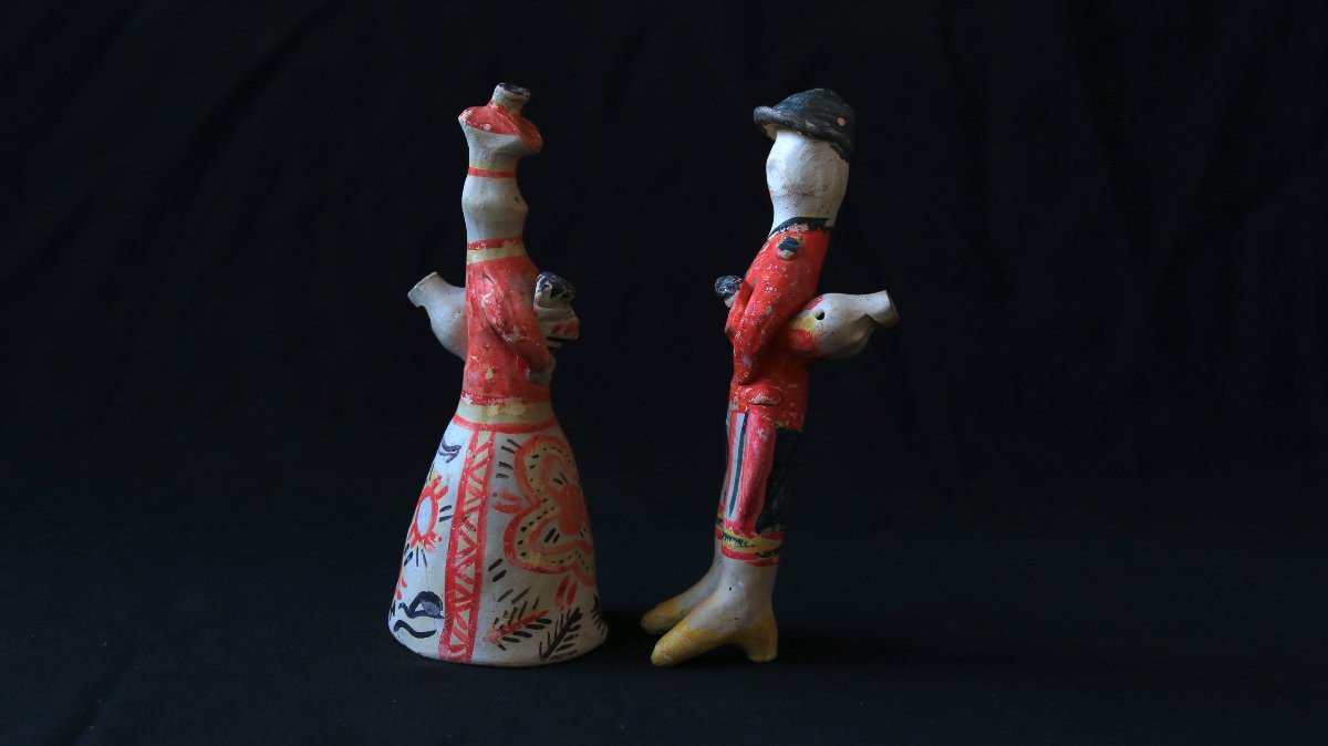 Sifflets russes en argile – Couple Filimonovo, années 1980, art brut, art naïf-photo-2