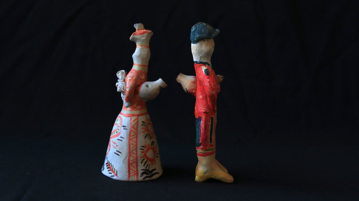 Sifflets russes en argile – Couple Filimonovo, années 1980, art brut, art naïf-photo-3