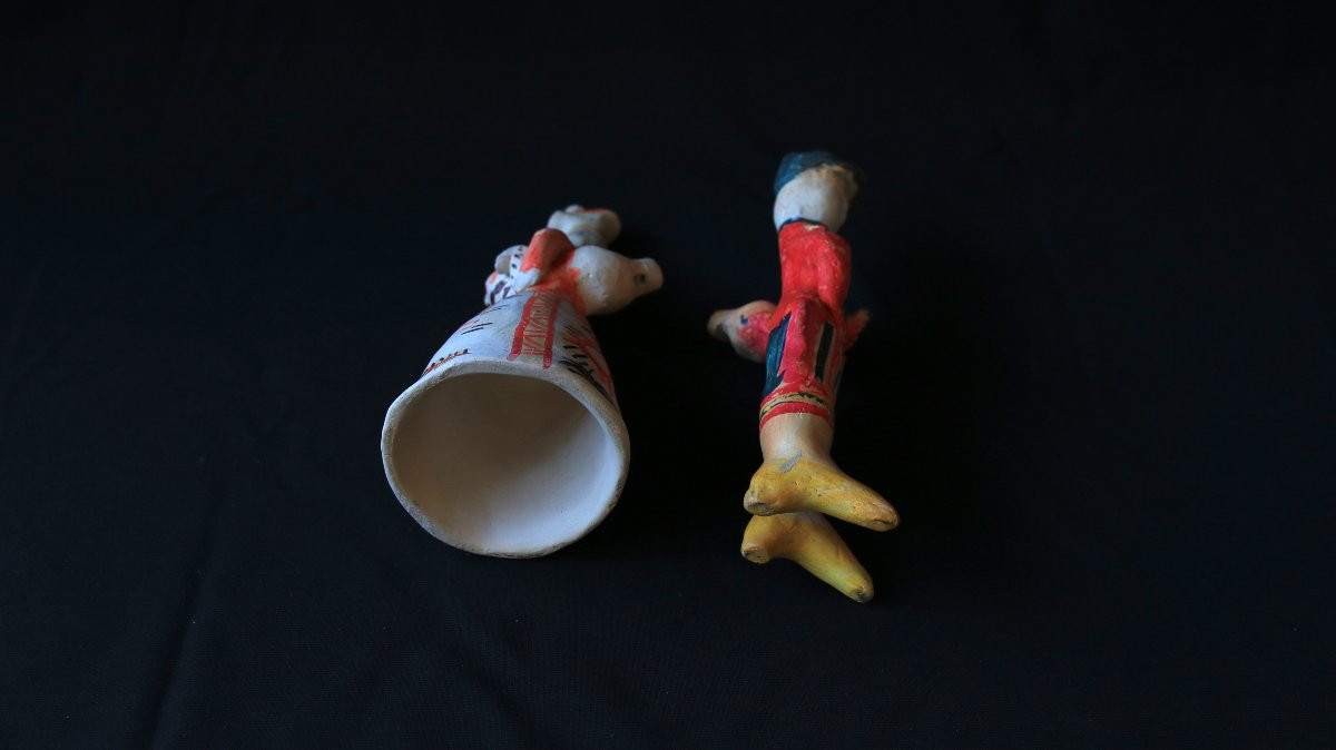 Sifflets russes en argile – Couple Filimonovo, années 1980, art brut, art naïf-photo-4