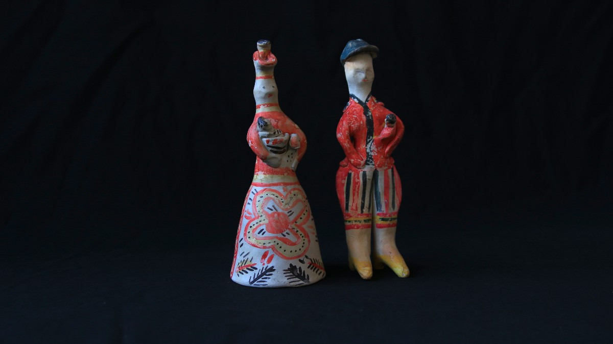 Sifflets russes en argile – Couple Filimonovo, années 1980, art brut, art naïf