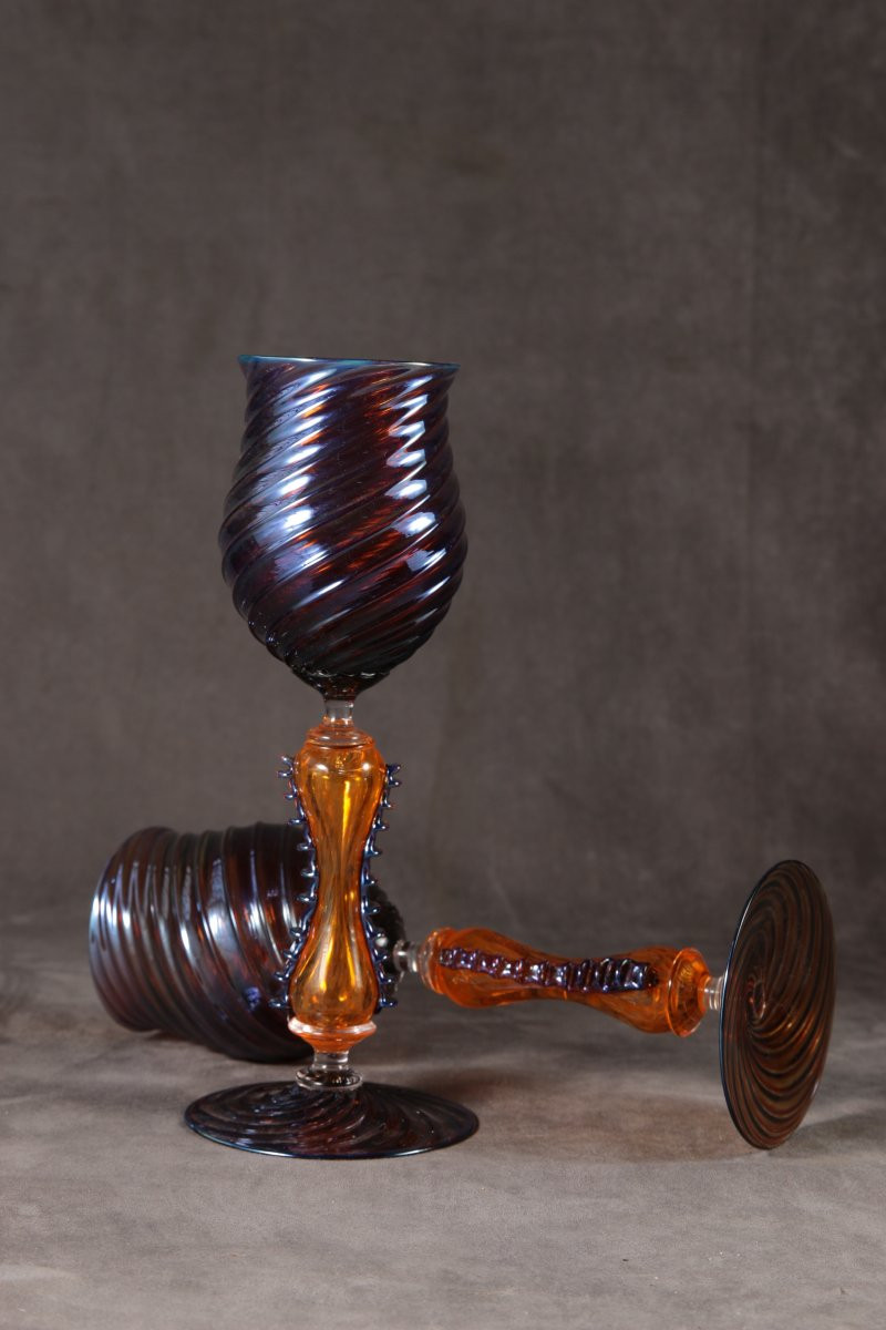 Pair Of Venetian Revival Hand-blown Goblets – Amethyst & Gold Swirl, By Chris Nordin-photo-2
