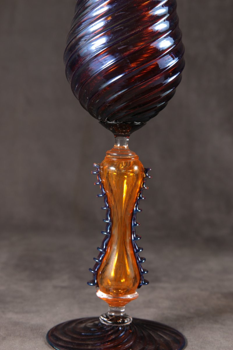 Pair Of Venetian Revival Hand-blown Goblets – Amethyst & Gold Swirl, By Chris Nordin-photo-3