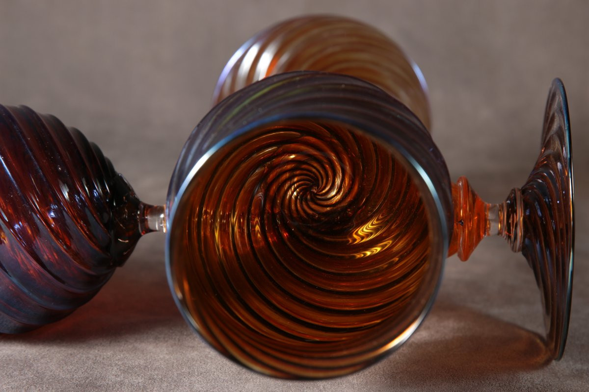 Pair Of Venetian Revival Hand-blown Goblets – Amethyst & Gold Swirl, By Chris Nordin-photo-4