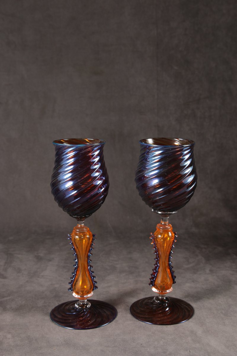 Pair Of Venetian Revival Hand-blown Goblets – Amethyst & Gold Swirl, By Chris Nordin-photo-1