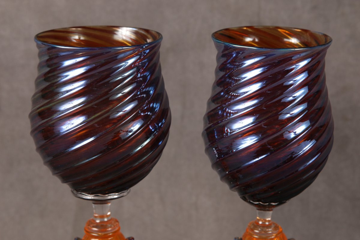 Pair Of Venetian Revival Hand-blown Goblets – Amethyst & Gold Swirl, By Chris Nordin-photo-2