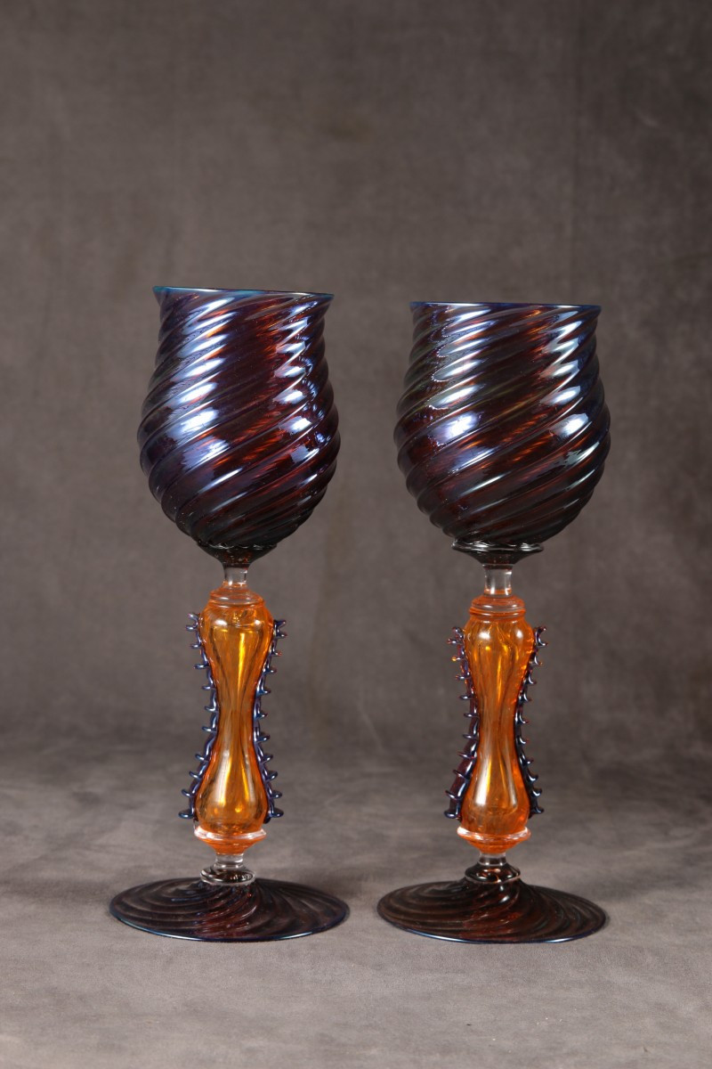Pair Of Venetian Revival Hand-blown Goblets – Amethyst & Gold Swirl, By Chris Nordin