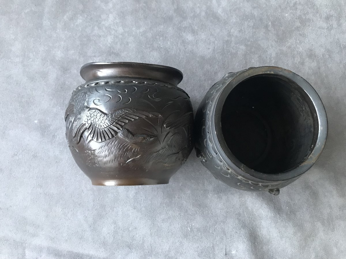Pair Of Patinated Bronze Vases / Planters Sculpted In Relief, Japan, Meiji Period (1868–1912)-photo-4