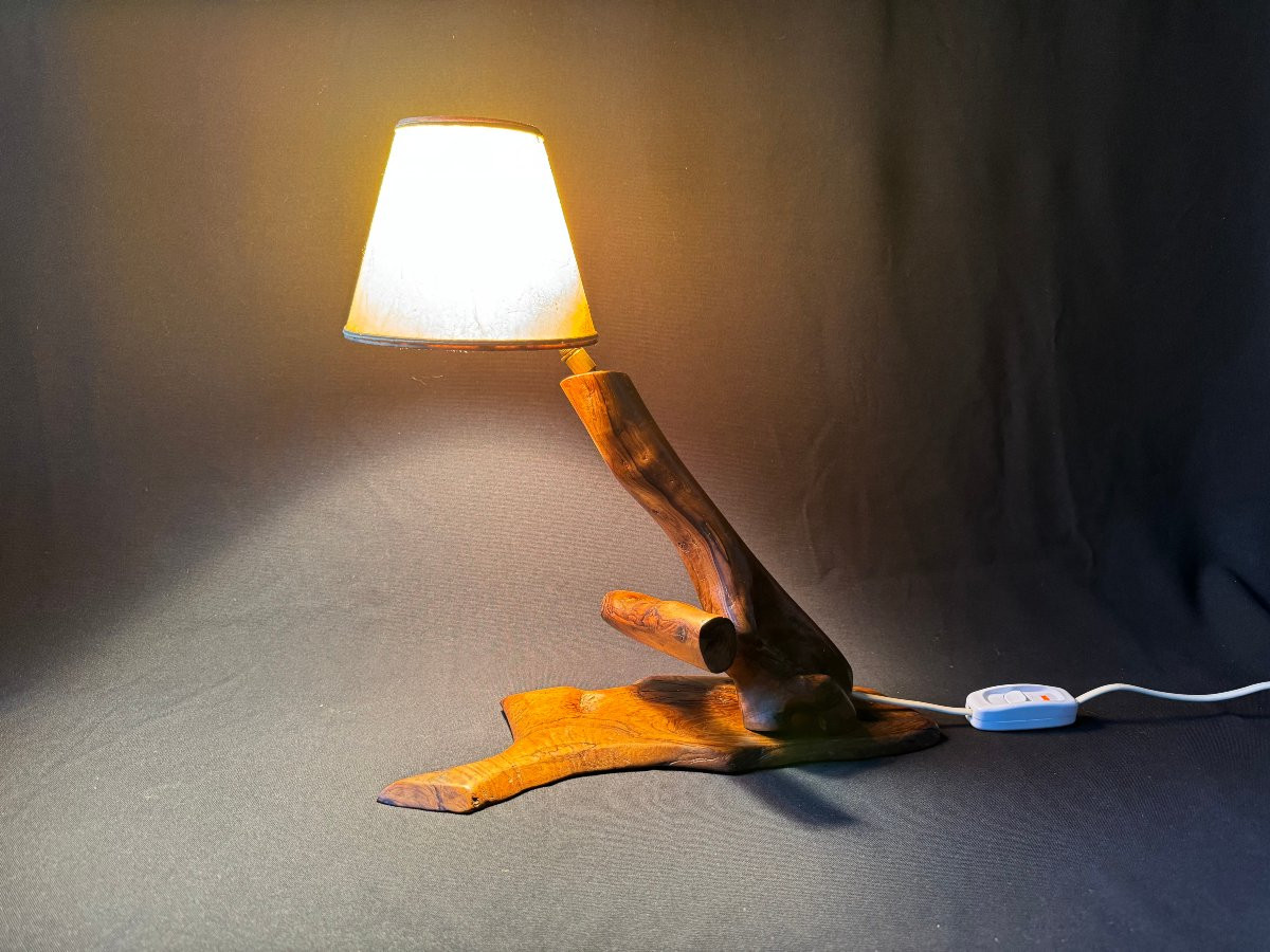 Monoxyle Olive Wood Lamp – French Artisanal Work, Mid-20th Century-photo-3