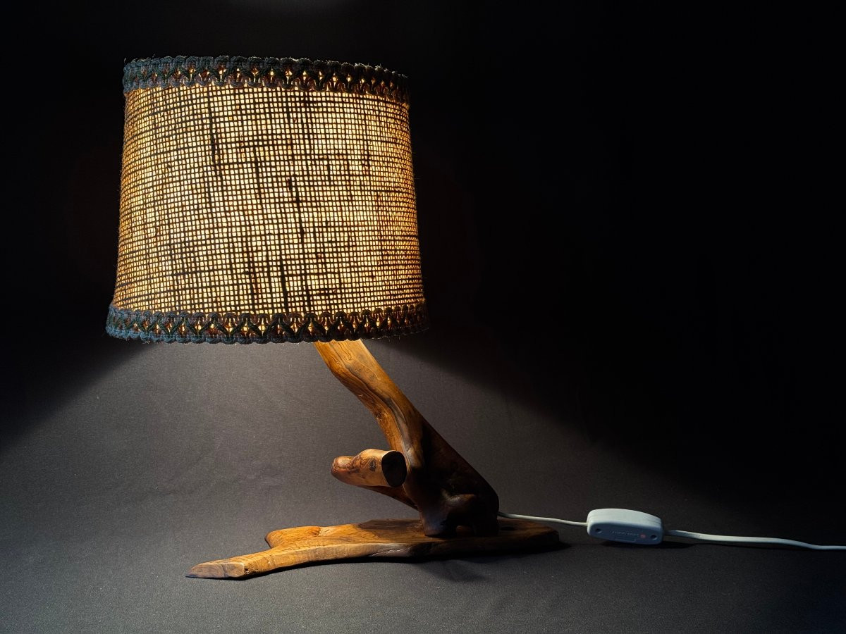 Monoxyle Olive Wood Lamp – French Artisanal Work, Mid-20th Century-photo-5