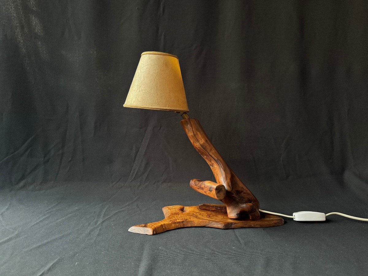 Monoxyle Olive Wood Lamp – French Artisanal Work, Mid-20th Century