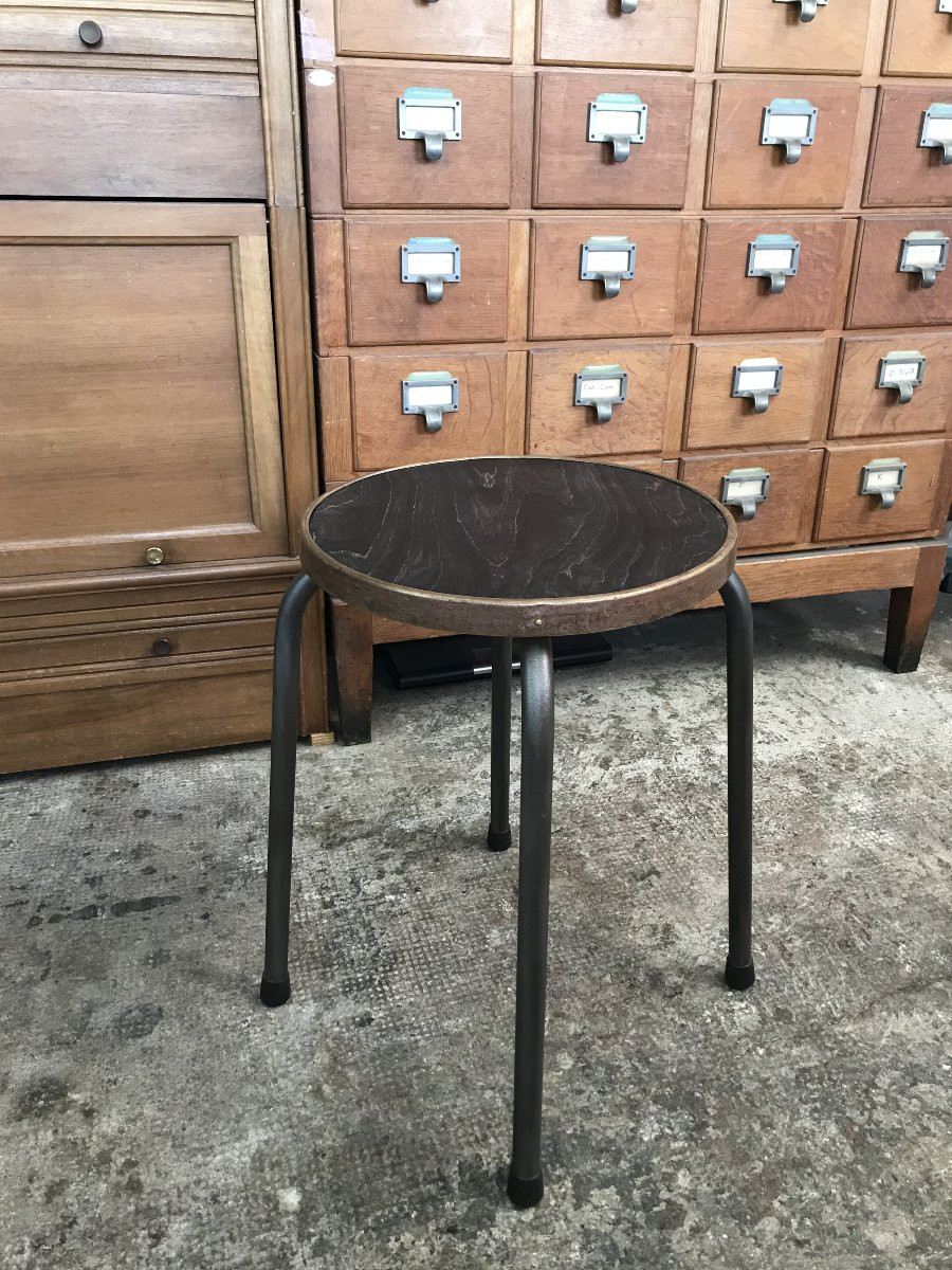 Workshop Stool In Steel, Wood And Copper-plated Brass, France, Circa 1950-photo-2
