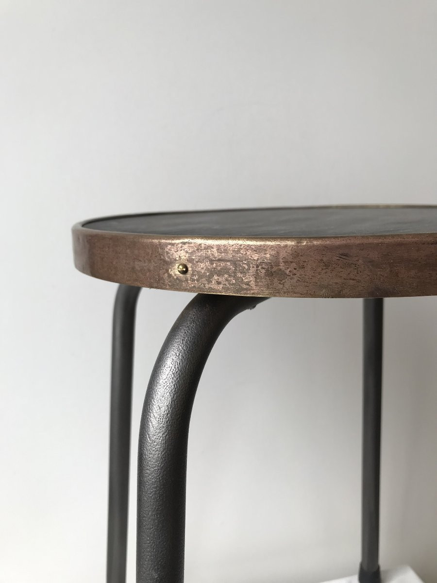 Workshop Stool In Steel, Wood And Copper-plated Brass, France, Circa 1950-photo-3