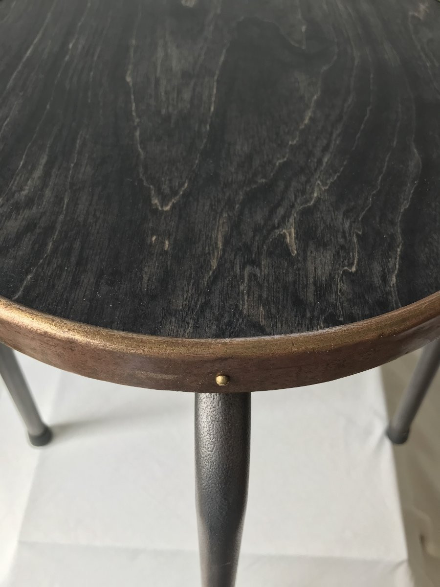 Workshop Stool In Steel, Wood And Copper-plated Brass, France, Circa 1950-photo-4