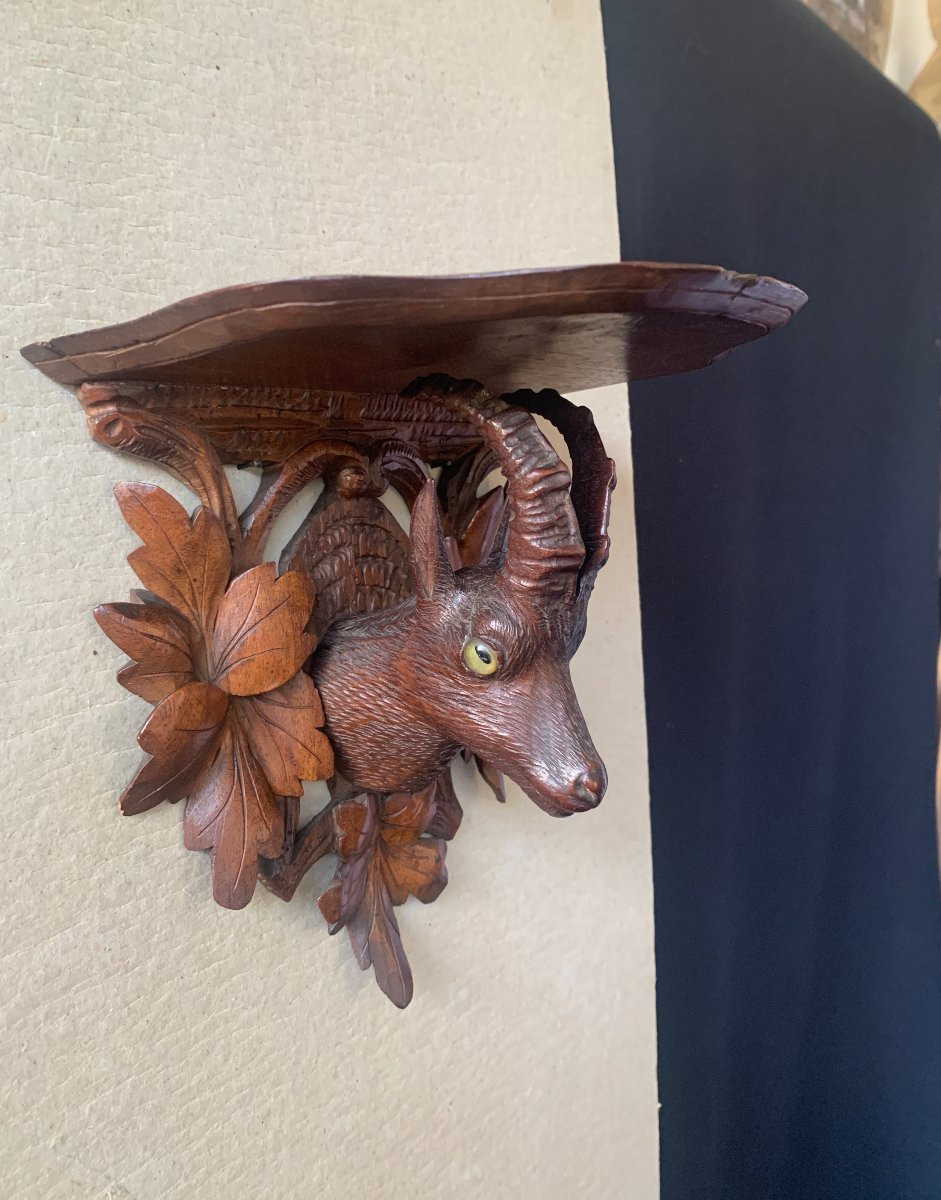 Two Shelves / Carved Wooden Chamois Head, Black Forest, Brienz, Switzerland, 19th Century-photo-2