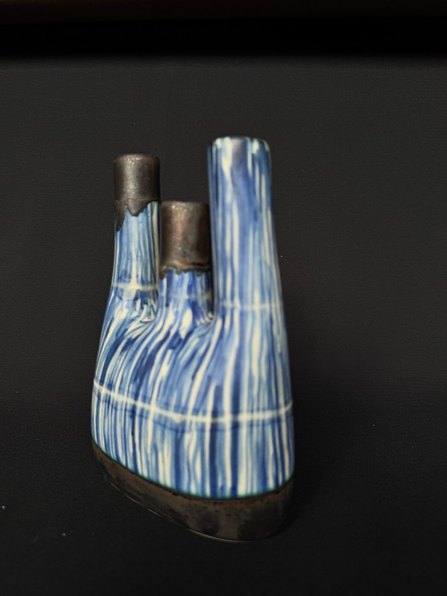 Hand-crafted Glazed Ceramic Vase With Three Necks - Belgium, Circa 1960-photo-2