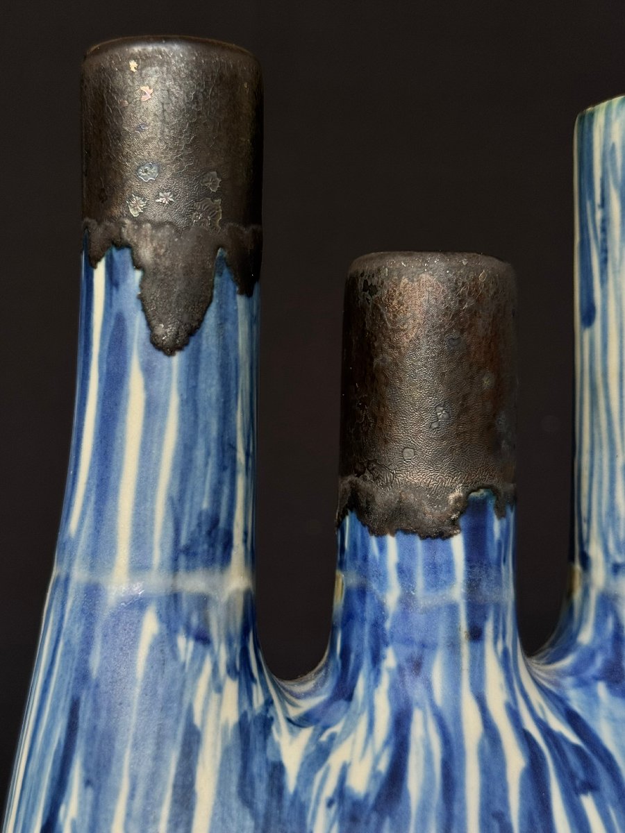 Hand-crafted Glazed Ceramic Vase With Three Necks - Belgium, Circa 1960-photo-2