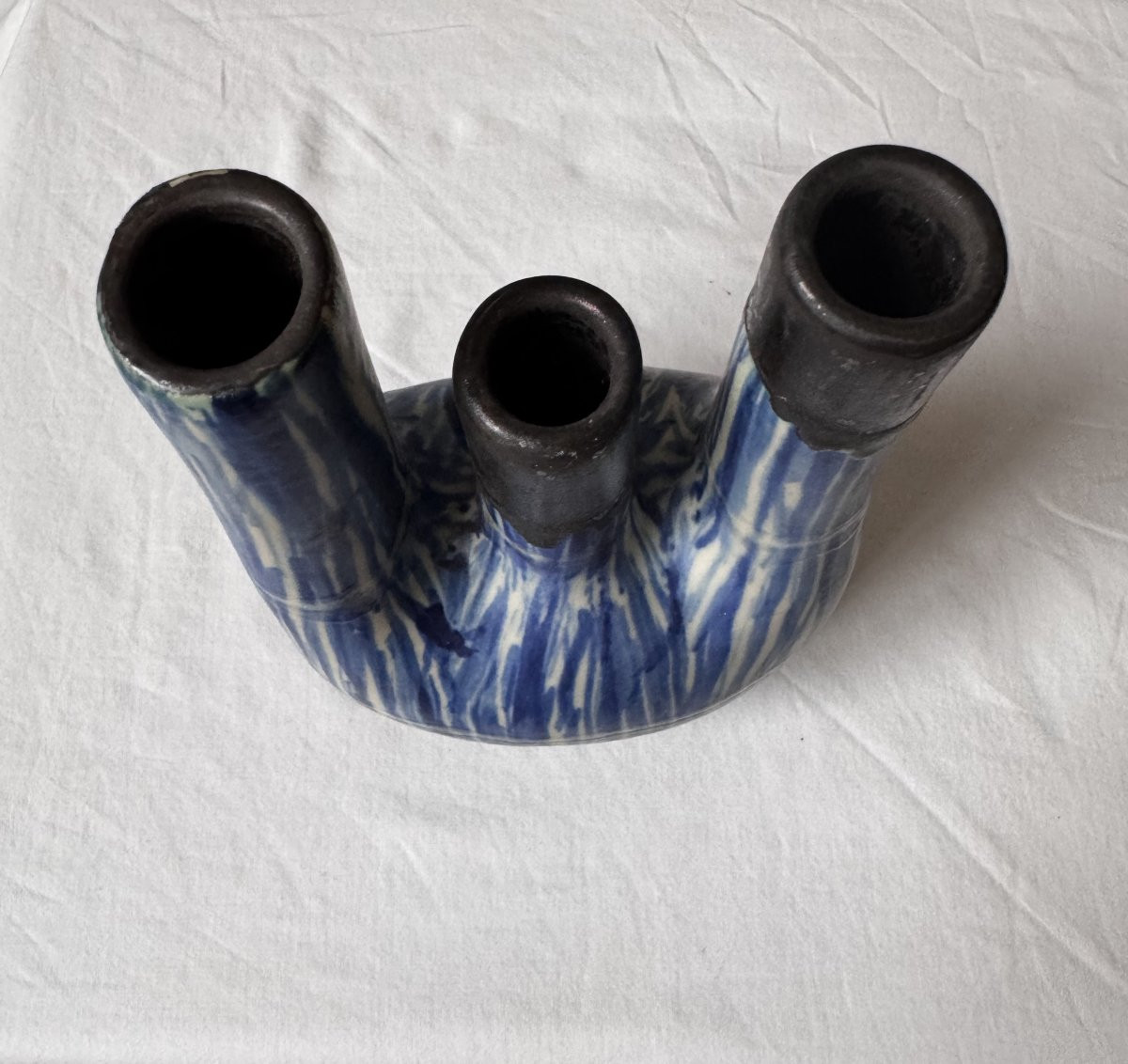 Hand-crafted Glazed Ceramic Vase With Three Necks - Belgium, Circa 1960-photo-4
