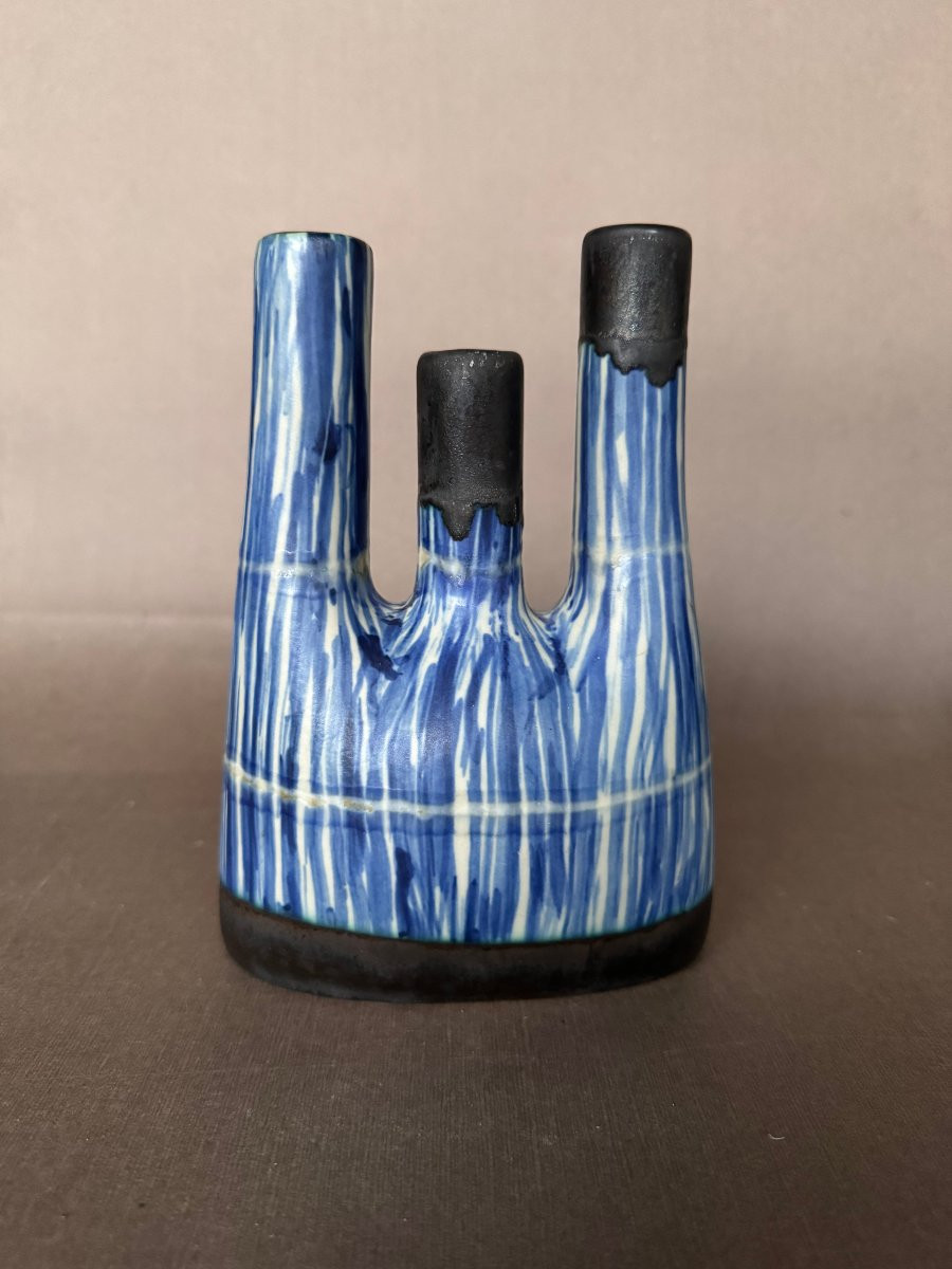 Hand-crafted Glazed Ceramic Vase With Three Necks - Belgium, Circa 1960-photo-5