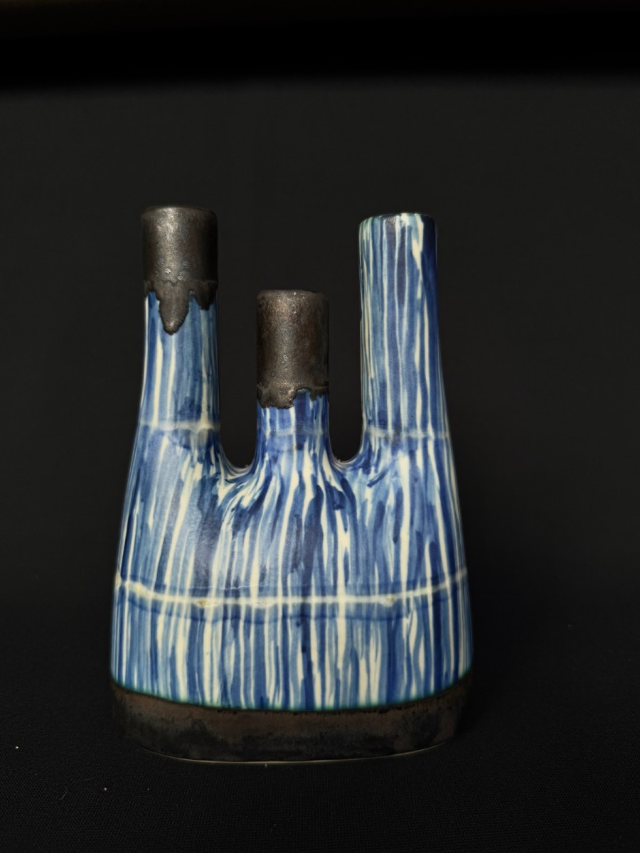 Hand-crafted Glazed Ceramic Vase With Three Necks - Belgium, Circa 1960