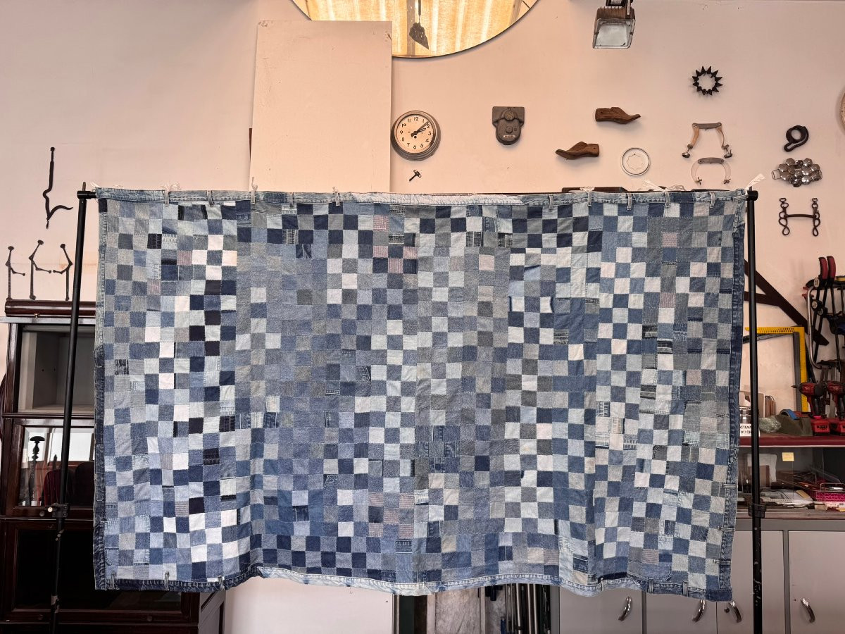 Large Handmade Denim Patchwork Quilt, Oregon, Usa, 1996-photo-4