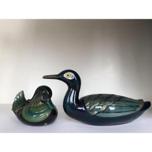 Canards mandarins Oshidori 鴛鴦 Paire de sculptures en bois laqué. Japon, époque Taishō 1912-1926